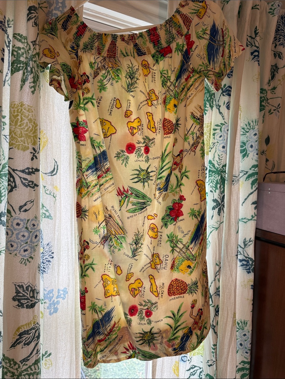 J crew Tropical Print Off-Shoulder Dress in Yellow with Red & Green Accents